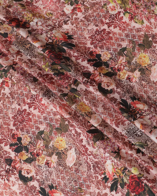 Cream synthetic satin fabric with multicolor print in floral design-D16849 Regal Fabrics