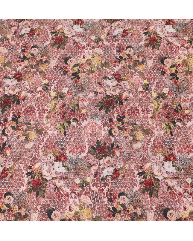 Cream synthetic satin fabric with multicolor print in floral design-D16849 Regal Fabrics