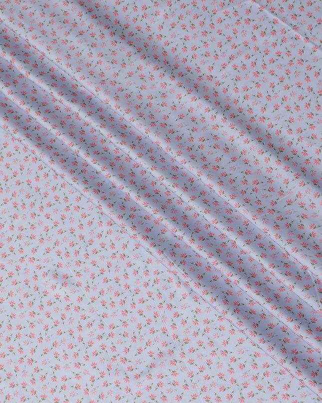 Light grey synthetic satin fabric with baby pink and olive green print in floral design-D16850