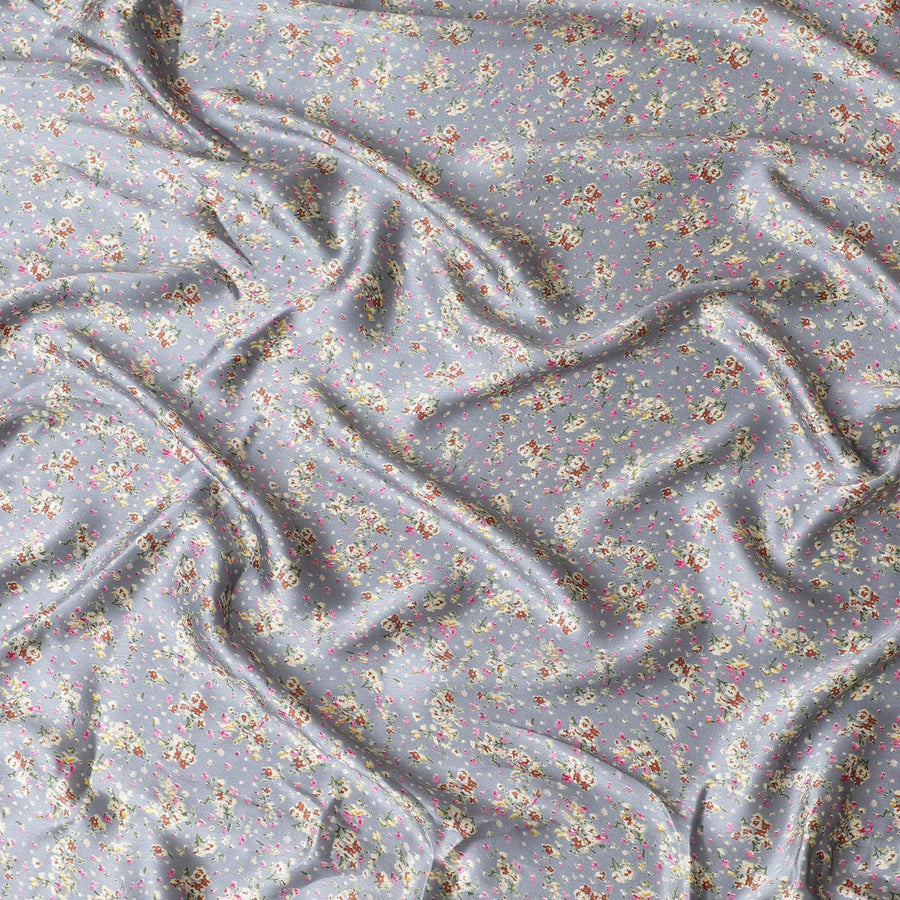 Mink grey synthetic satin fabric with multicolor print in floral design-D16851