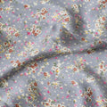 Mink grey synthetic satin fabric with multicolor print in floral design-D16851