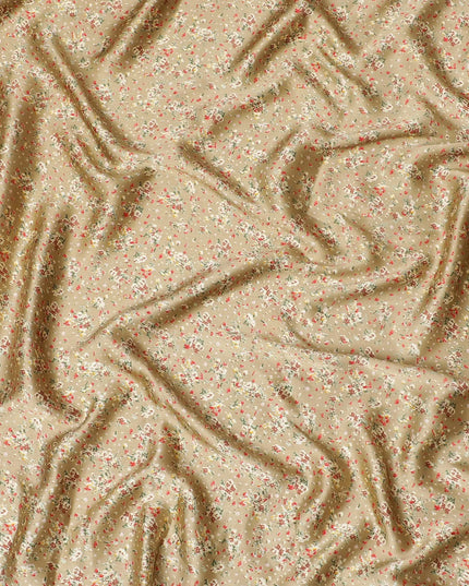 Mustard beige synthetic satin fabric with multicolor print in floral design-D16852 Regal Fabrics
