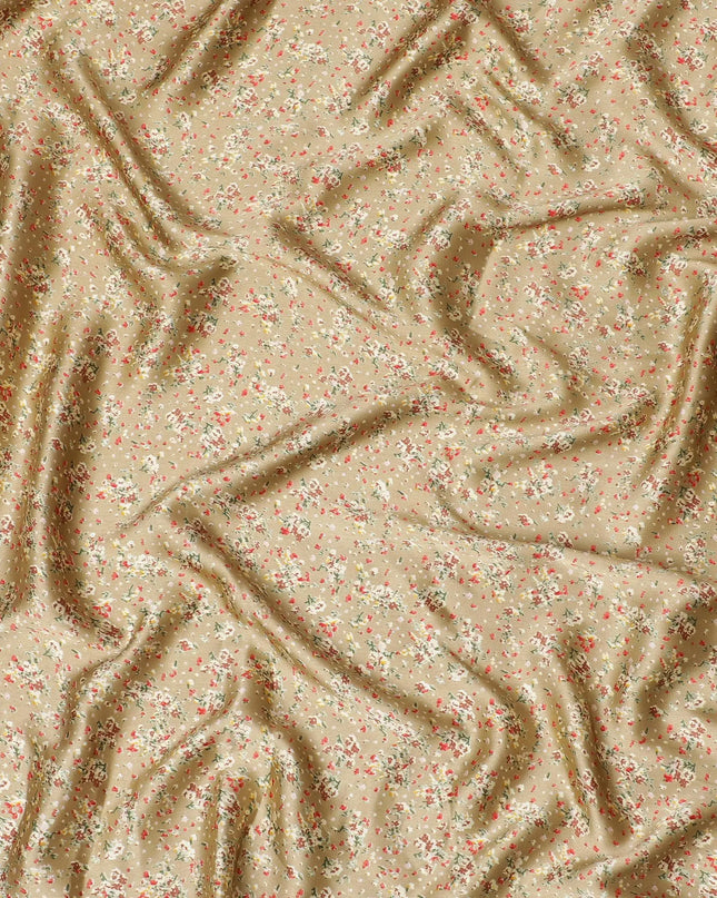 Mustard beige synthetic satin fabric with multicolor print in floral design-D16852 Regal Fabrics