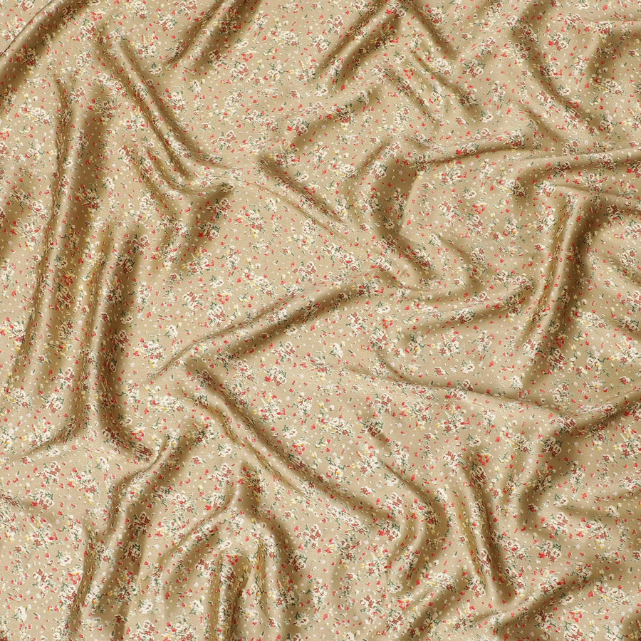Mustard beige synthetic satin fabric with multicolor print in floral design-D16852 Regal Fabrics