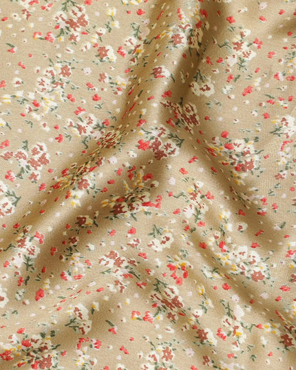 Mustard beige synthetic satin fabric with multicolor print in floral design-D16852 Regal Fabrics