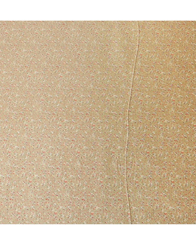 Mustard beige synthetic satin fabric with multicolor print in floral design-D16852 Regal Fabrics