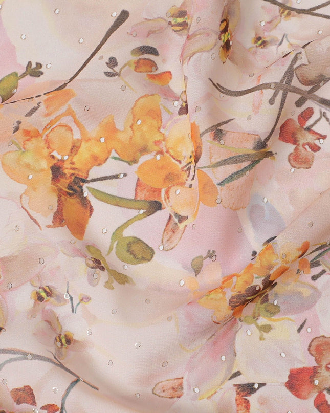 Light peach synthetic georgette fabric with multicolor print in floral design-D16855