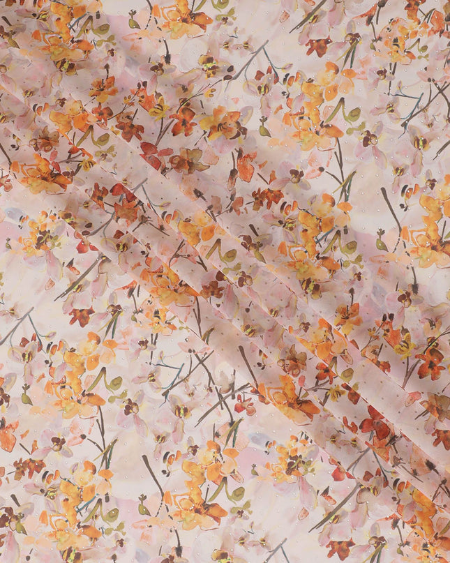 Light peach synthetic georgette fabric with multicolor print in floral design-D16855