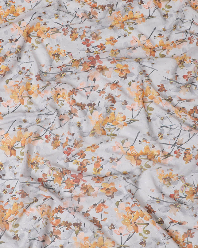 قماش جورجيت صناعي باللون الرمادي السحابي مع طباعة متعددة الألوان بتصميم الأزهار-D16856
