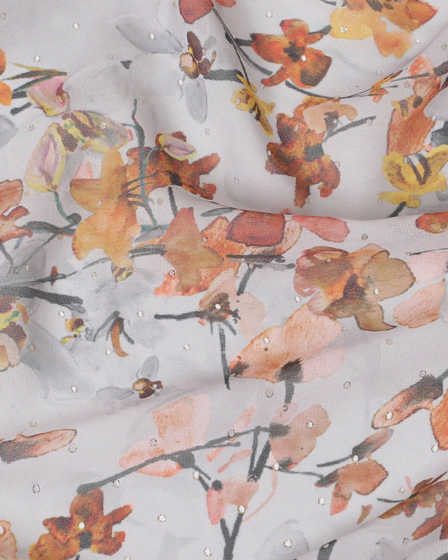 قماش جورجيت صناعي باللون الرمادي السحابي مع طباعة متعددة الألوان بتصميم الأزهار-D16856