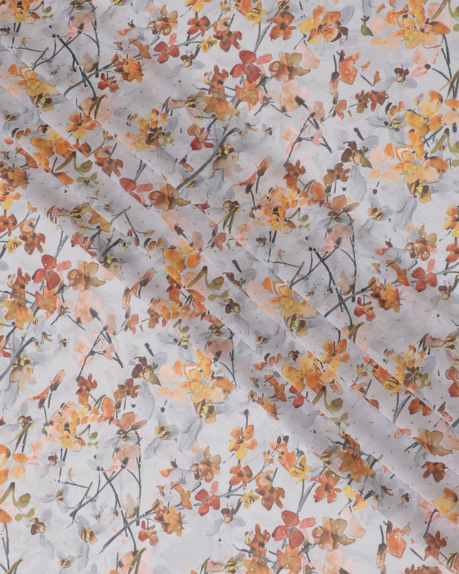 قماش جورجيت صناعي باللون الرمادي السحابي مع طباعة متعددة الألوان بتصميم الأزهار-D16856