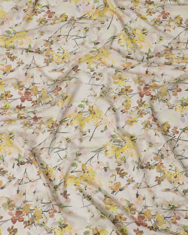 قماش جورجيت صناعي باللون البيج الفاتح مع طباعة متعددة الألوان بتصميم الأزهار-D16857