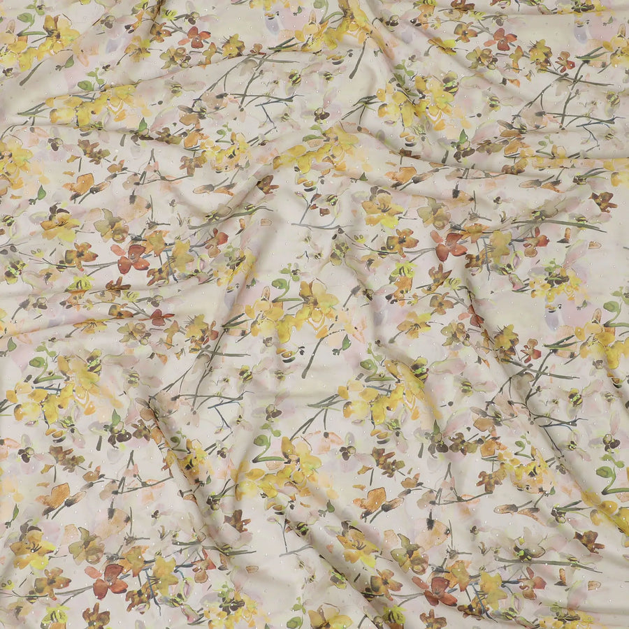 Light beige synthetic georgette fabric with multicolor print in floral design-D16857 Regal Fabrics