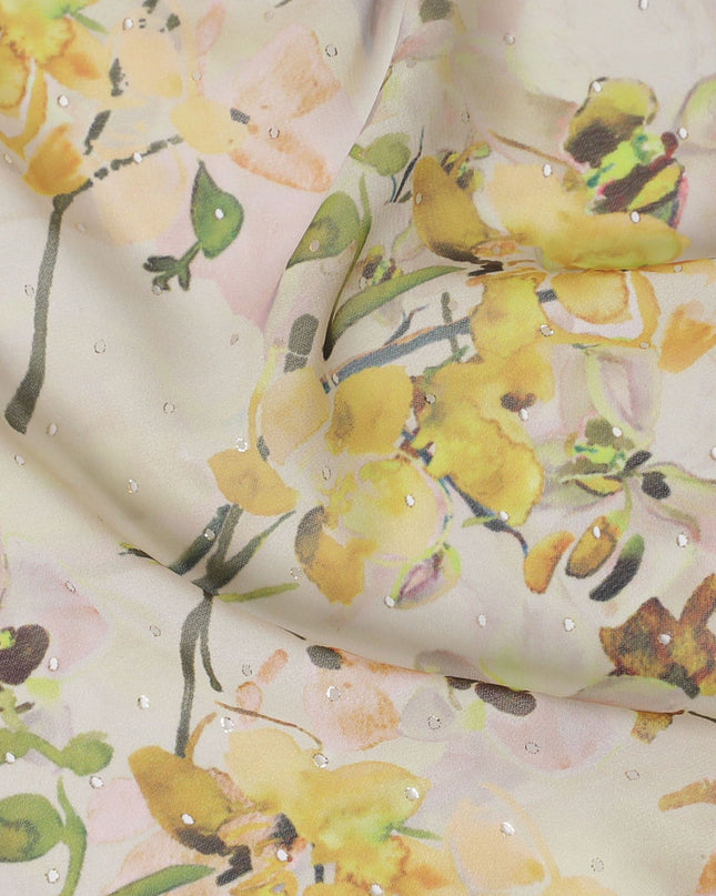 قماش جورجيت صناعي باللون البيج الفاتح مع طباعة متعددة الألوان بتصميم الأزهار-D16857