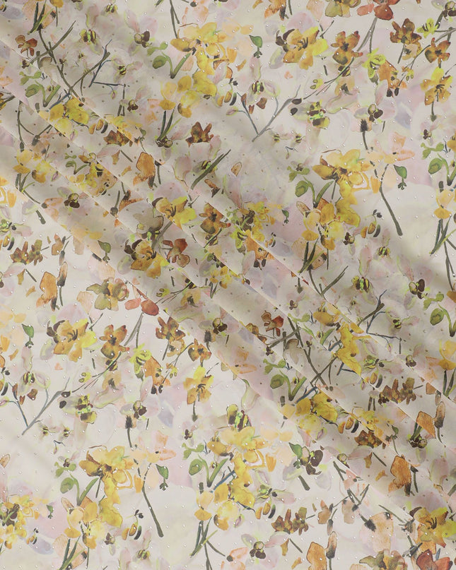 قماش جورجيت صناعي باللون البيج الفاتح مع طباعة متعددة الألوان بتصميم الأزهار-D16857