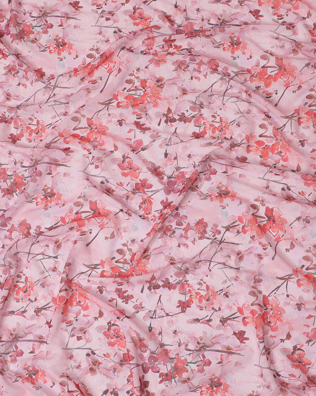 Baby pink synthetic georgette fabric with multicolor print in floral design-D16858