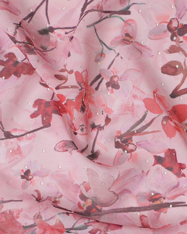 Baby pink synthetic georgette fabric with multicolor print in floral design-D16858