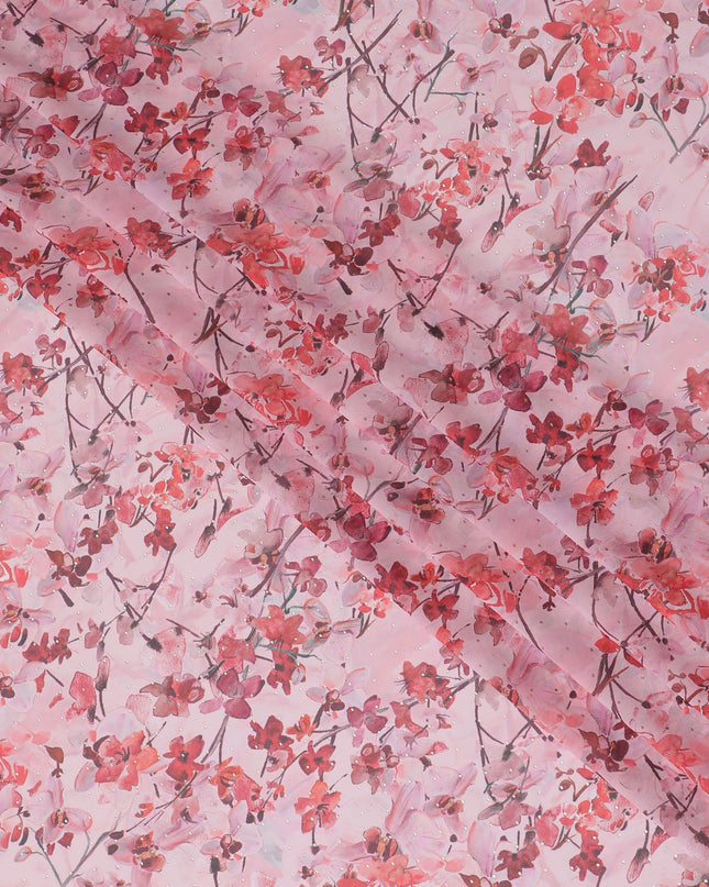 Baby pink synthetic georgette fabric with multicolor print in floral design-D16858