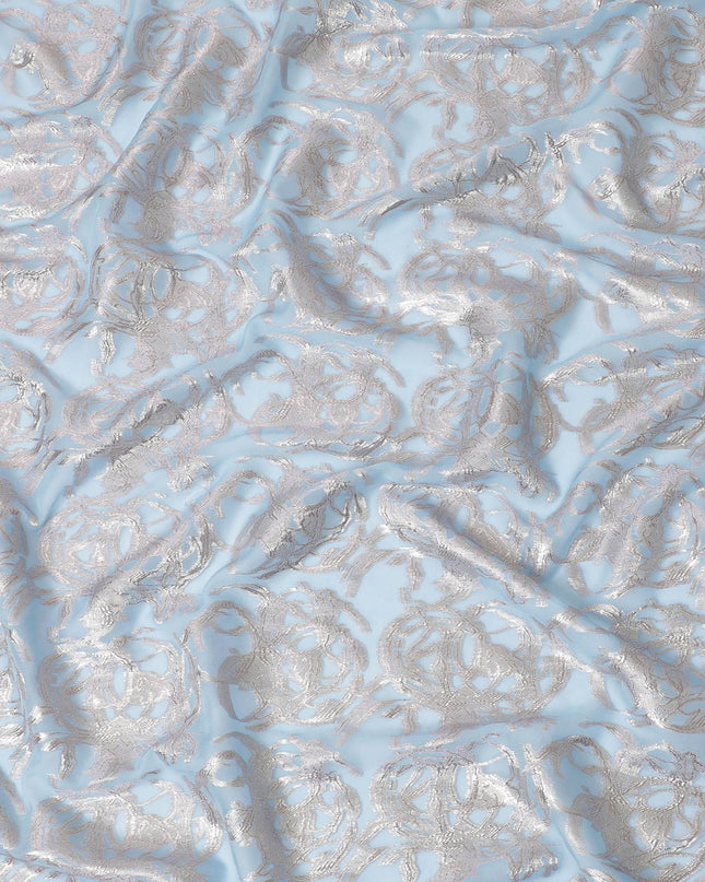 Baby blue premium pure silk chiffon fabric with lilac silver lurex in abstract design-D16873