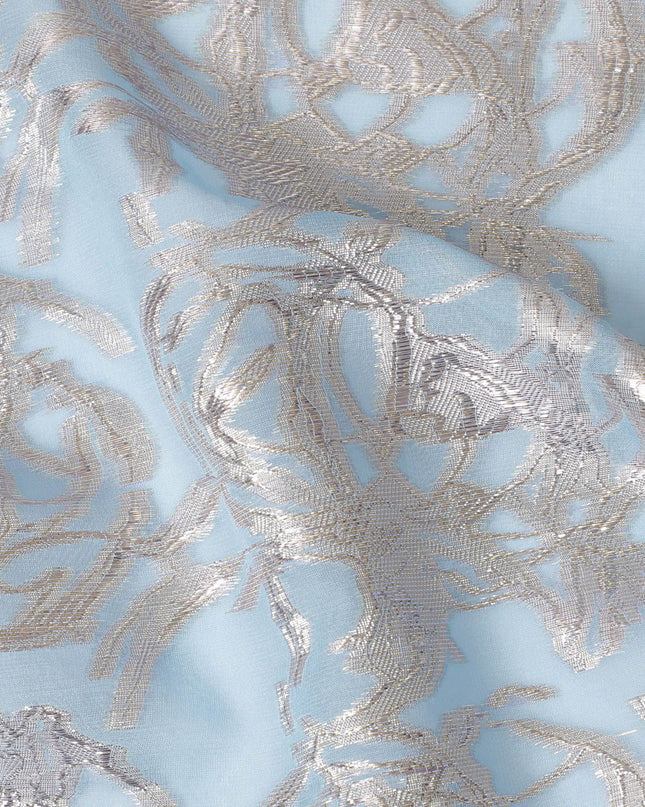Baby blue premium pure silk chiffon fabric with lilac silver lurex in abstract design-D16873