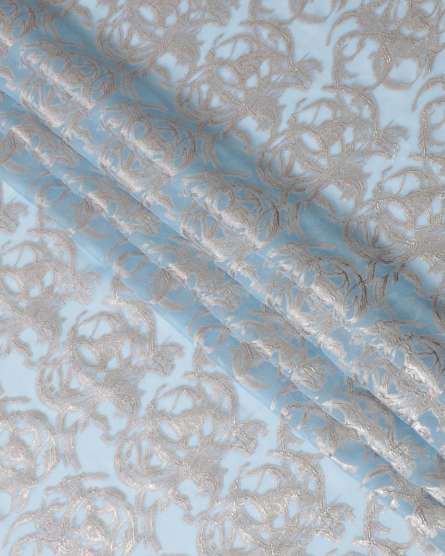 Baby blue premium pure silk chiffon fabric with lilac silver lurex in abstract design-D16873