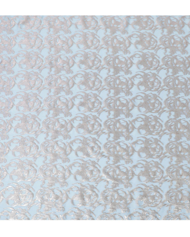 Baby blue premium pure silk chiffon fabric with lilac silver lurex in abstract design-D16873