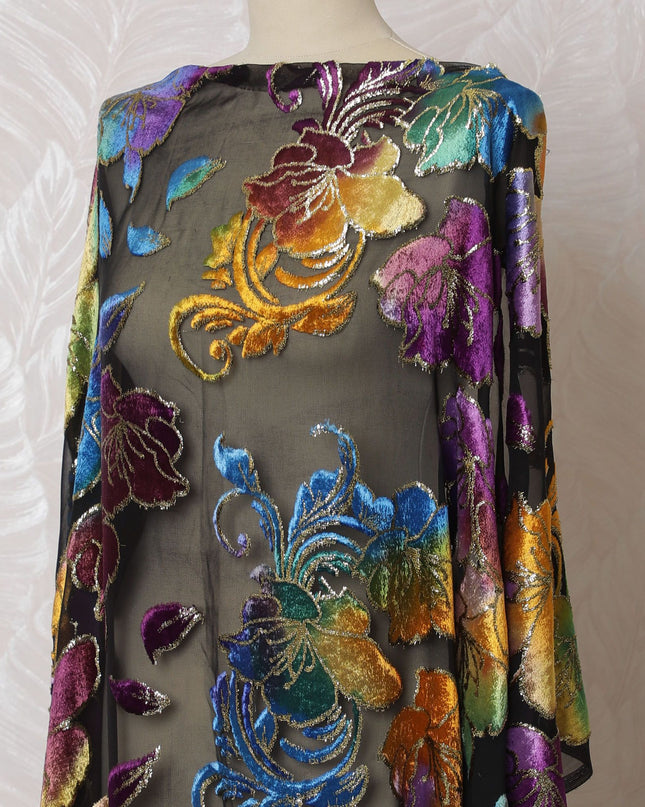 Black premium pure silk chiffon velvet makmal dirac fabric with multicolor print and gold metallic lurex floral design-D16940