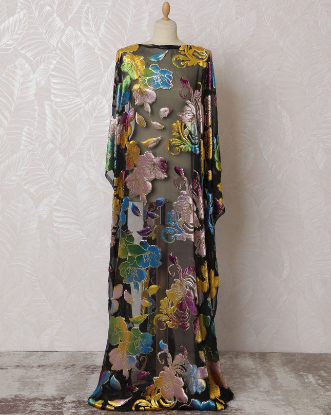 Black premium pure silk chiffon velvet makmal dirac fabric with multicolor print and gold metallic lurex floral design-D16941