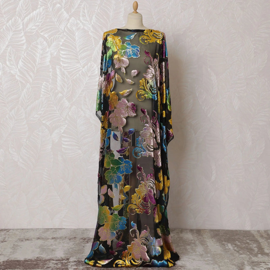 Black premium pure silk chiffon velvet makmal dirac fabric with multicolor print and gold metallic lurex floral design-D16941 Regal Fabrics