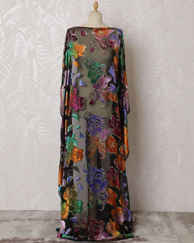Black premium pure silk chiffon velvet makmal dirac fabric with multicolor print and gold metallic lurex floral design-D16942