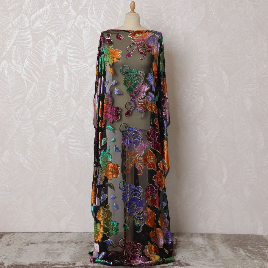 Black premium pure silk chiffon velvet makmal dirac fabric with multicolor print and gold metallic lurex floral design-D16942
