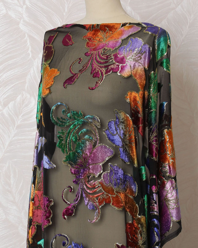 Black premium pure silk chiffon velvet makmal dirac fabric with multicolor print and gold metallic lurex floral design-D16942