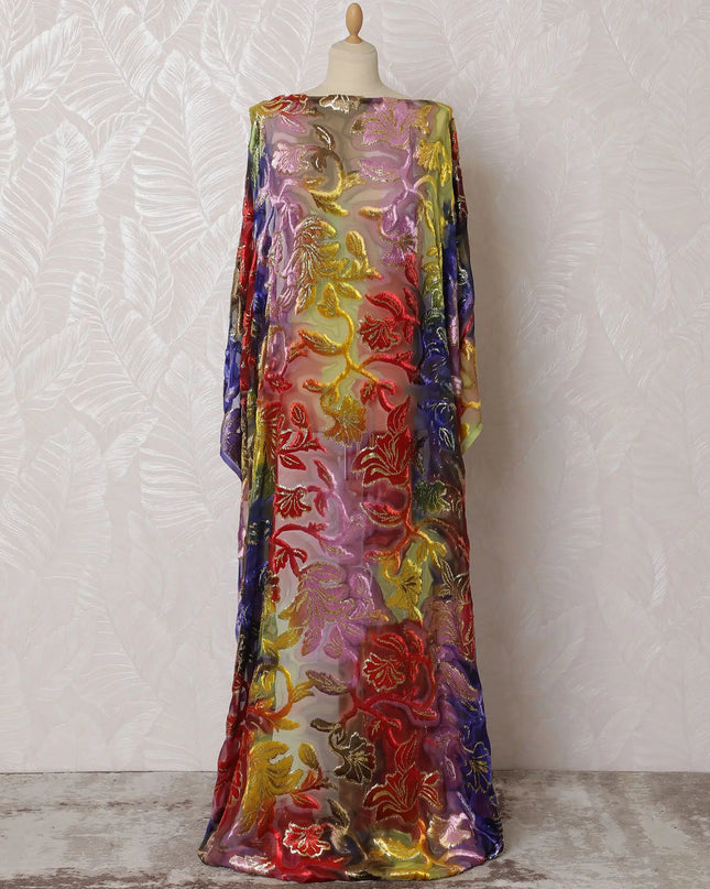 Multicolor Premium silk chiffon velvet makmal dirac fabric with gold metallic lurex in floral design-D16944 Regal Fabrics
