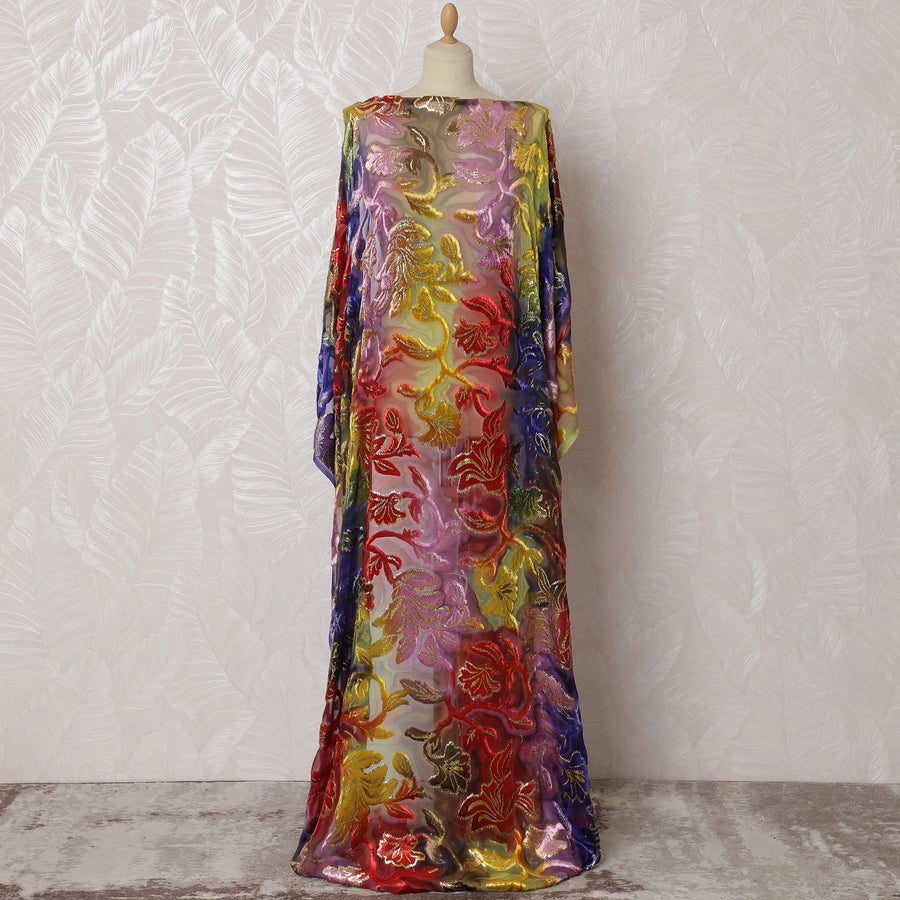Multicolor Premium silk chiffon velvet makmal dirac fabric with gold metallic lurex in floral design-D16944