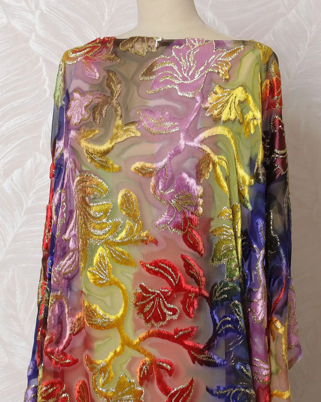 Multicolor Premium silk chiffon velvet makmal dirac fabric with gold metallic lurex in floral design-D16944 Regal Fabrics