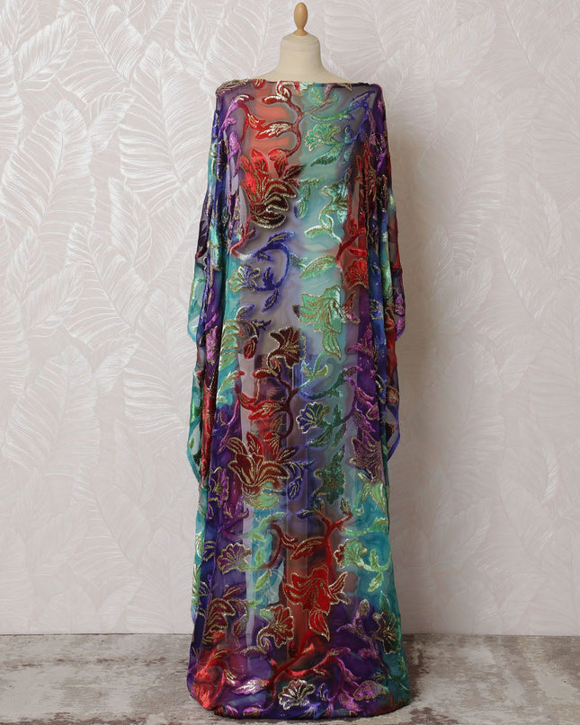 Multicolor Premium silk chiffon velvet makmal dirac fabric with gold metallic lurex in floral design-D16945