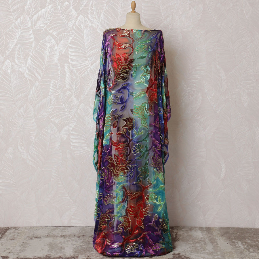 Multicolor Premium silk chiffon velvet makmal dirac fabric with gold metallic lurex in floral design-D16945