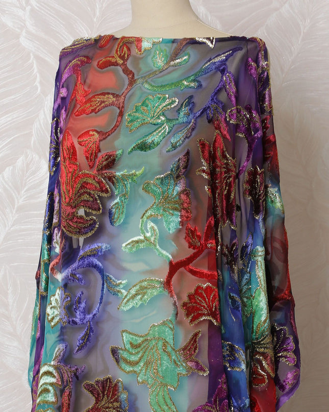 Multicolor Premium silk chiffon velvet makmal dirac fabric with gold metallic lurex in floral design-D16945