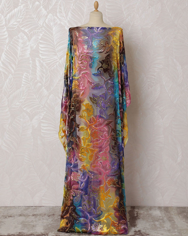 Multicolor Premium silk chiffon velvet makmal dirac fabric with gold metallic lurex in floral design-D16946