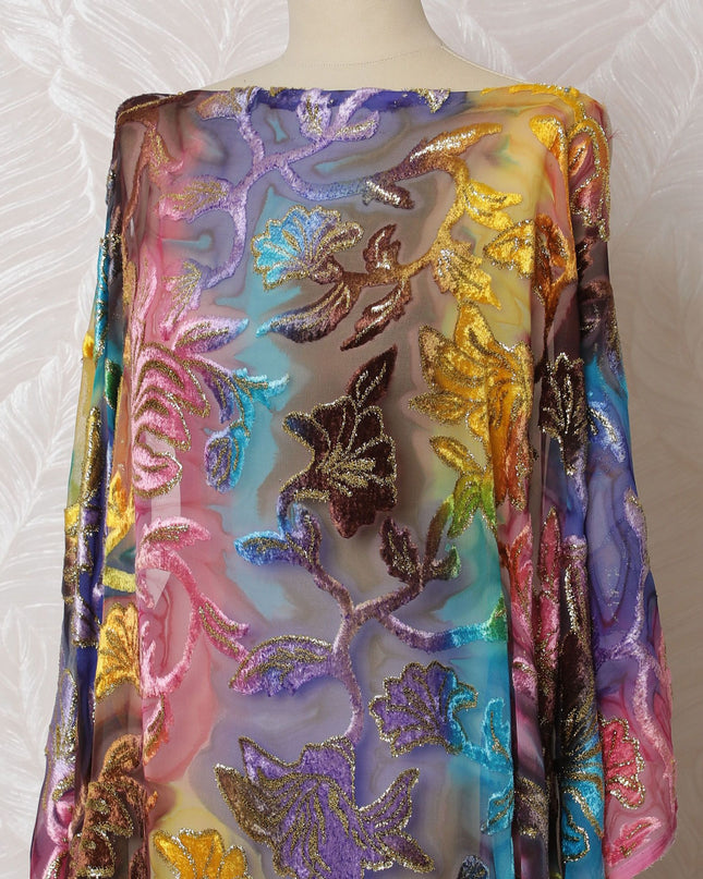 Multicolor Premium silk chiffon velvet makmal dirac fabric with gold metallic lurex in floral design-D16946