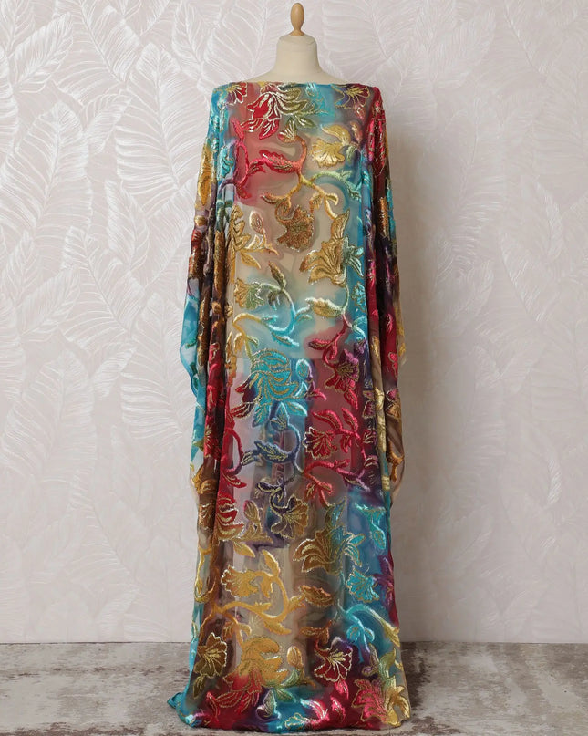 Multicolor Premium silk chiffon velvet makmal dirac fabric with gold metallic lurex in floral design-D16947 Regal Fabrics