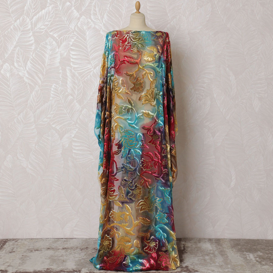 Multicolor Premium silk chiffon velvet makmal dirac fabric with gold metallic lurex in floral design-D16947