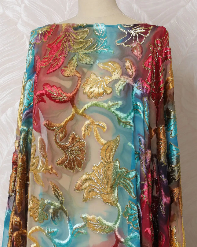Multicolor Premium silk chiffon velvet makmal dirac fabric with gold metallic lurex in floral design-D16947 Regal Fabrics