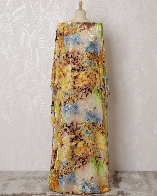 Multicolor Premium silk chiffon velvet makmal dirac fabric with gold metallic finish in abstract design-D16948 Regal Fabrics
