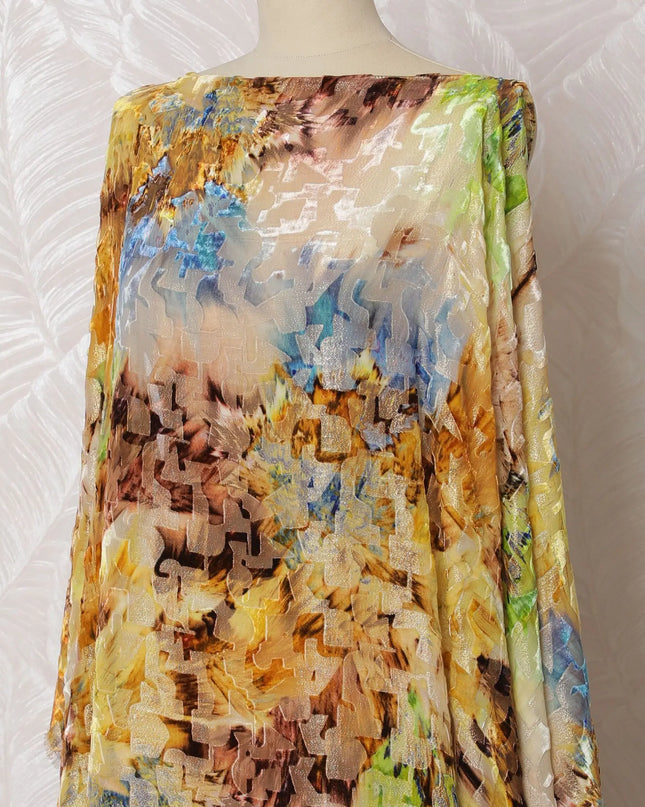 Multicolor Premium silk chiffon velvet makmal dirac fabric with gold metallic finish in abstract design-D16948 Regal Fabrics