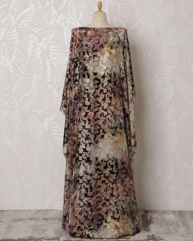 Multicolor Premium silk chiffon velvet makmal dirac fabric with gold metallic finish in abstract design-D16949 Regal Fabrics