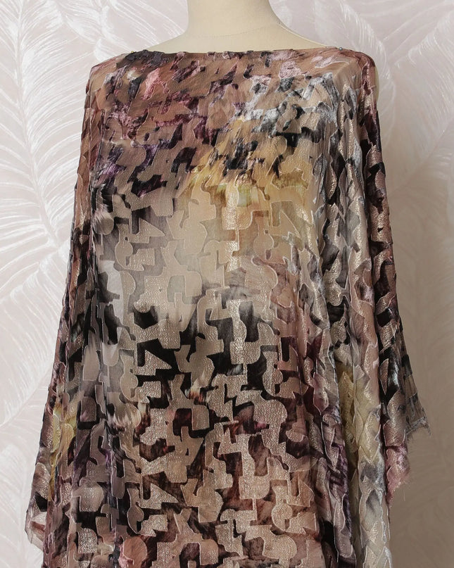 Multicolor Premium silk chiffon velvet makmal dirac fabric with gold metallic finish in abstract design-D16949 Regal Fabrics