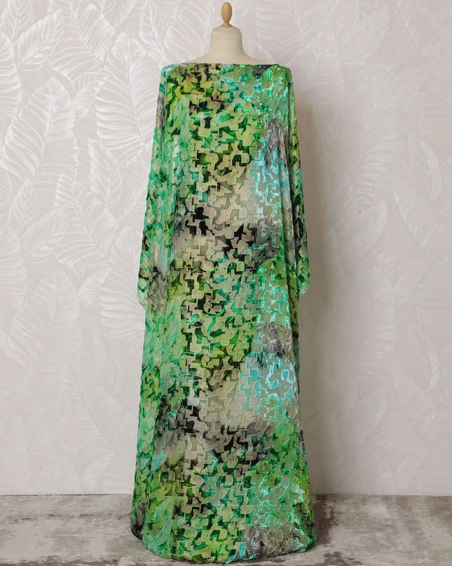 Multicolor Premium silk chiffon velvet makmal dirac fabric with gold metallic finish in abstract design-D16950 Regal Fabrics