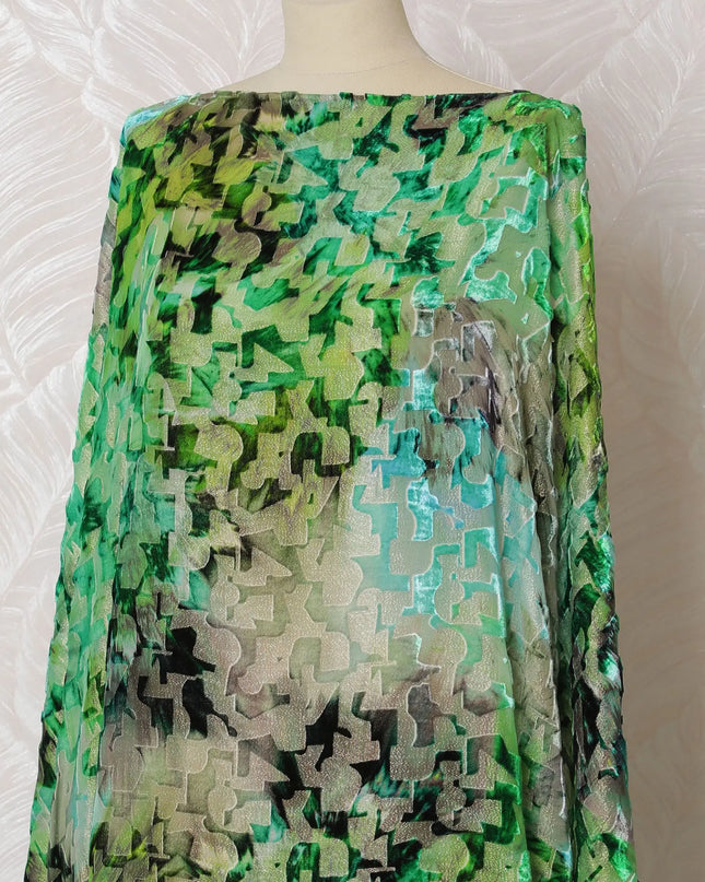 Multicolor Premium silk chiffon velvet makmal dirac fabric with gold metallic finish in abstract design-D16950 Regal Fabrics