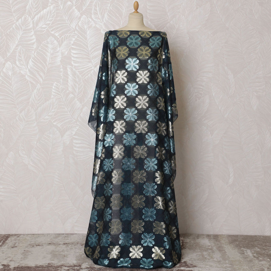 Petrol blue Premium pure French (Fransawi) silk chiffon dirac fabric with same tone viscose, electric blue and gold metallic lurex in floral design-D16952
